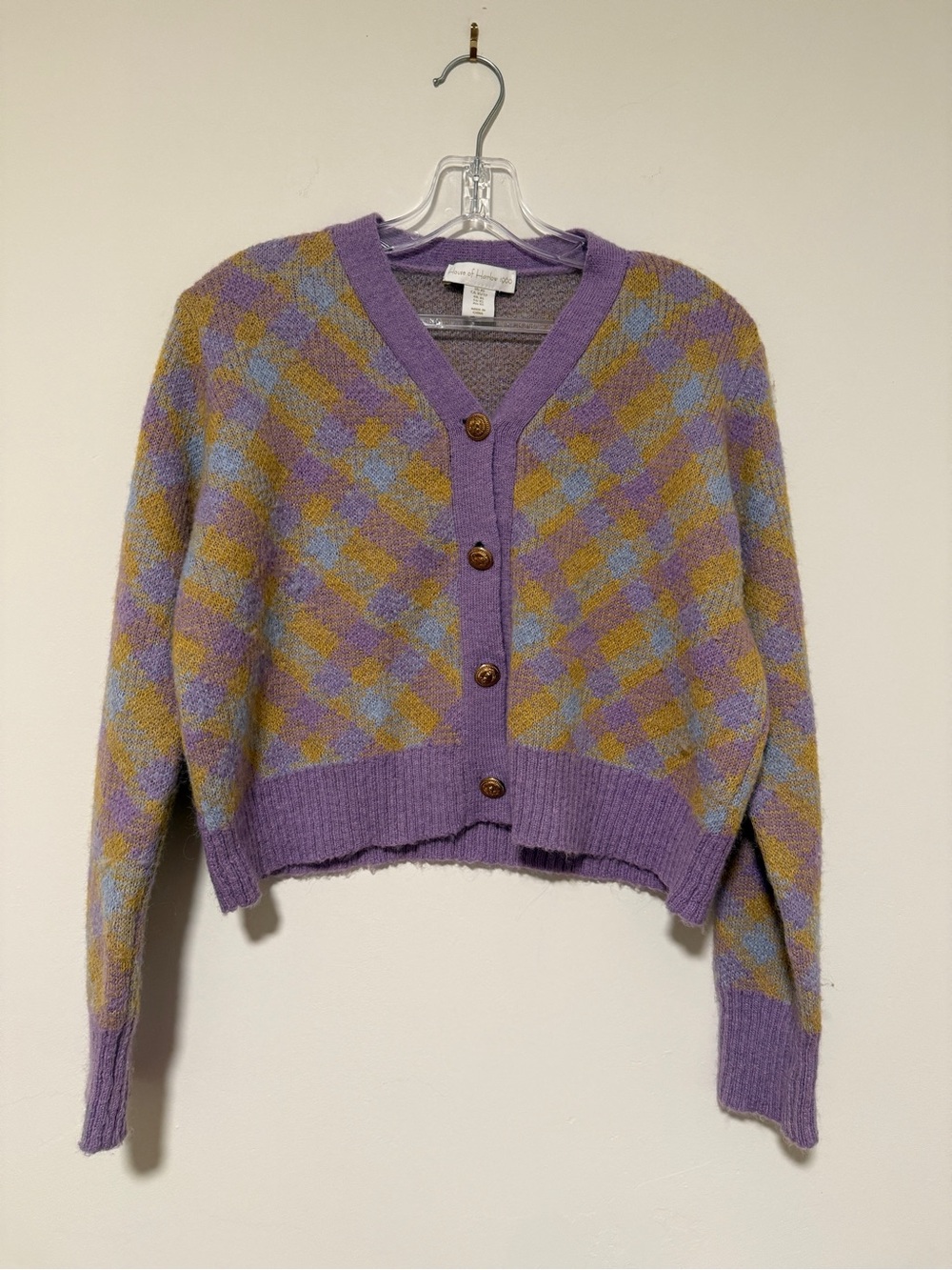 House of Harlow Lavender Plaid V-Neck Button Cardigan Sweater
